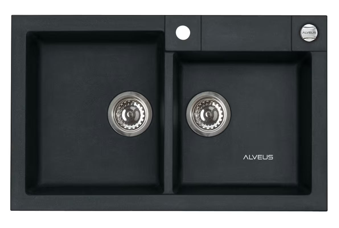 Alveus Rock 90 granitový kuchyňský dvoudřez bez odkapu v antracitové barvě pro montáž na pracovní desku.