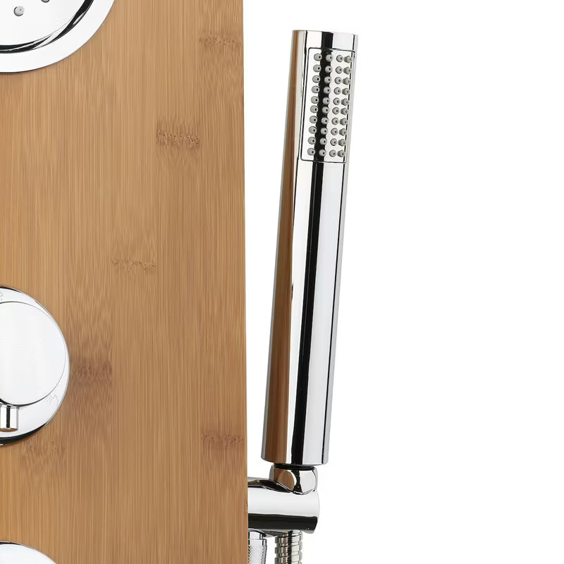 Sprchový hydromasážní panel Anima Bamboo Shower z bambusu s hlavovou a ruční sprchou a masážními tryskami.