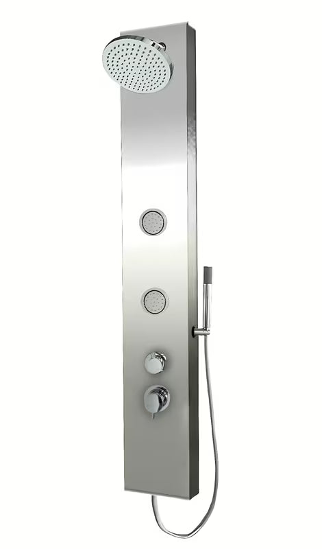Sprchový panel Anima Primeshower s pákovou baterií, horní dešťovou sprchou, ruční sprchou a masážními tryskami.