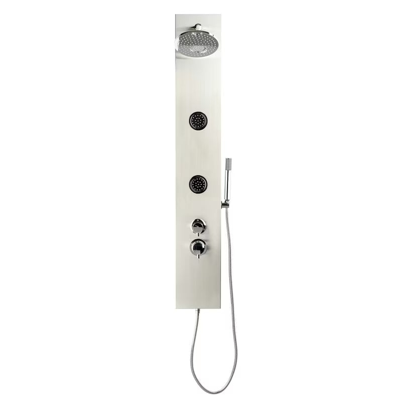 Sprchový panel Anima Primeshower s pákovou baterií, horní dešťovou sprchou, ruční sprchou a masážními tryskami.
