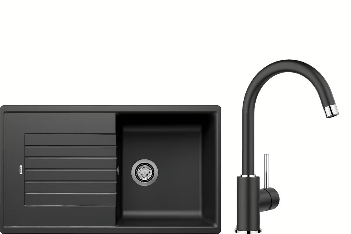 Set kuchyňského dřezu Blanco Zia 5 S s kuchyňskou baterií Blanco Mida v moderním designu.