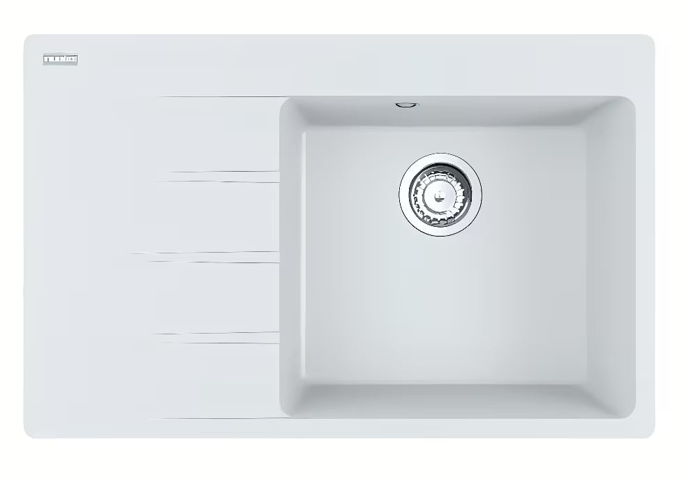 Granitový kuchyňský dřez Franke s odkapem vlevo a vanou vpravo v barvě bílá led