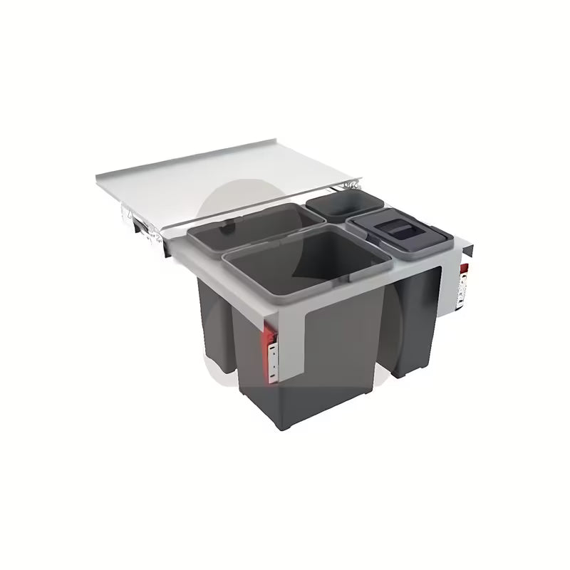 Šedý kuchyňský sorter Franke Garbo se třemi koši, mělkou miskou a čelním výsuvem s tlumením.
