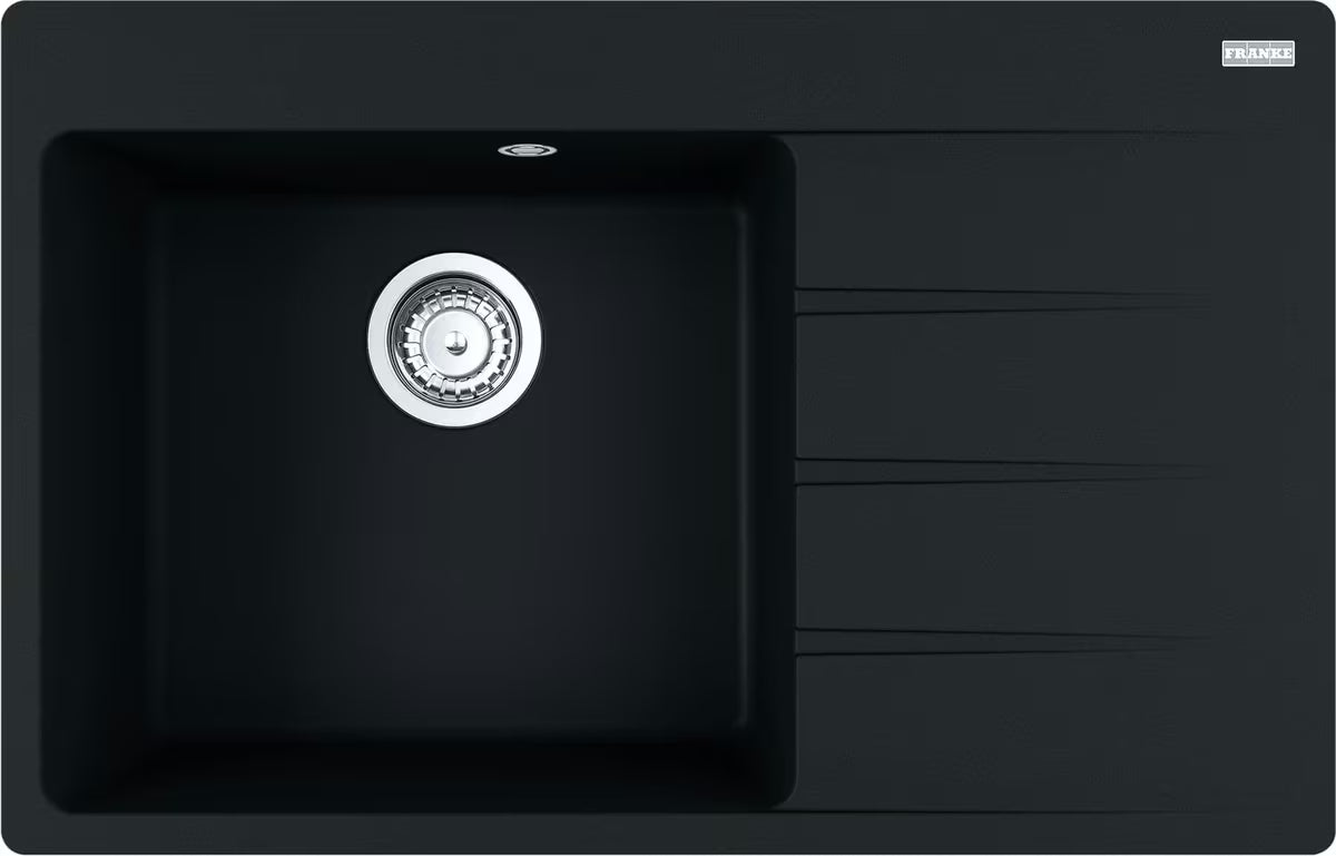 Granitový kuchyňský dřez Franke s odkapem, levé provedení, černá matná Onyx, horní montáž.