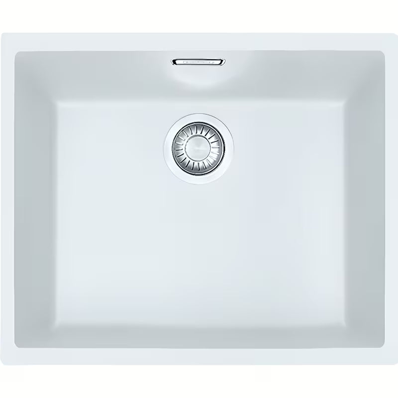 Bílý kuchyňský jednodřez Franke Sid110-50 z Tectonite pro montáž pod pracovní desku se skrytým přepadem.