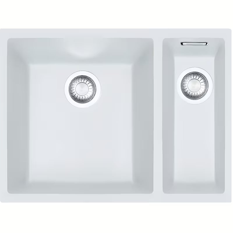Bílý kuchyňský dřez Franke Sirius z materiálu Tectonite pro montáž pod pracovní desku se dvěma vaničkami.