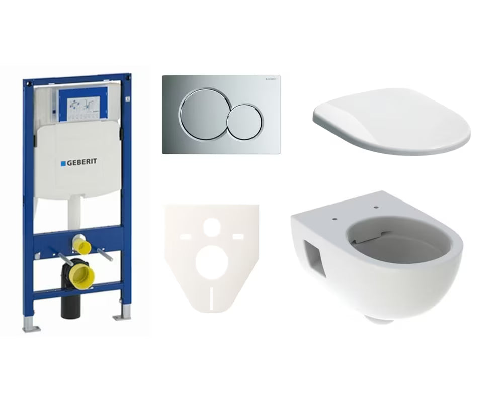 Závěsný WC set Geberit Selnova s modulem do předstěny a ovládacím tlačítkem v chrom lesklém provedení.