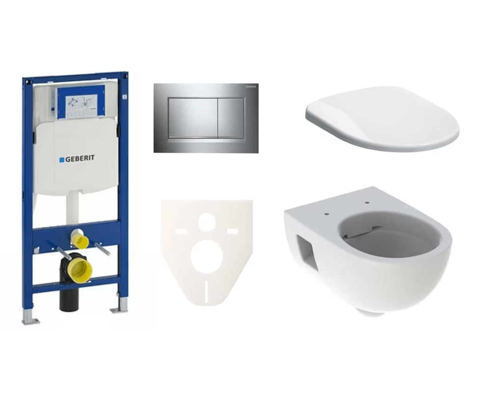 Závěsný WC set Geberit Selnova s modulem Duofix, sedátkem se SoftClose a ovládacím tlačítkem v chromu