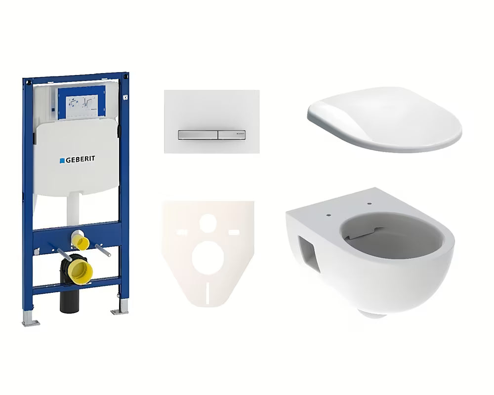 Závěsný WC set Geberit Selnova s modulem Duofix, Rimfree mísou a sedátkem SoftClose v bílém provedení.