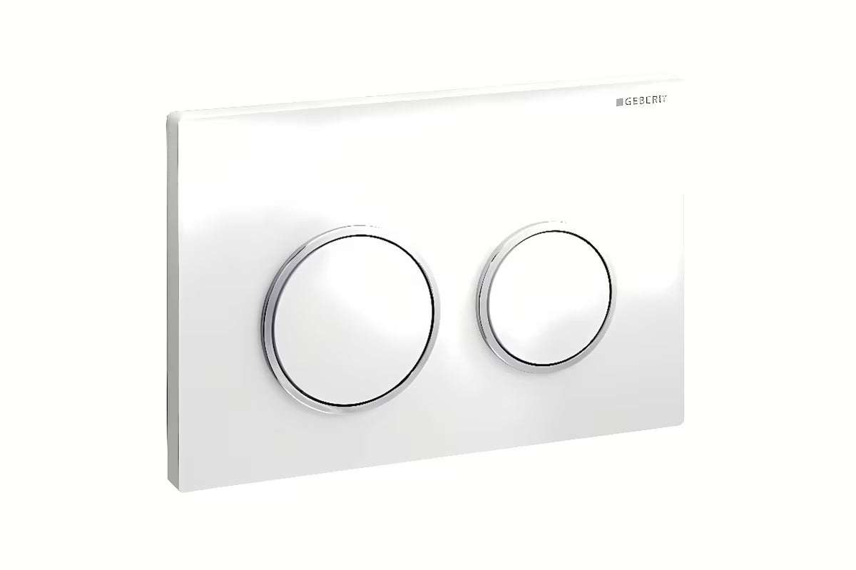 Bílé chromové dvojčinné ovládací tlačítko Geberit Omega20 pro nádržky pod omítku Geberit Omega.