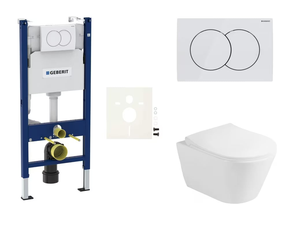 Závěsný WC set Glacera Ava s instalačním modulem Geberit a ovládacím tlačítkem Delta v bílé lesklé.