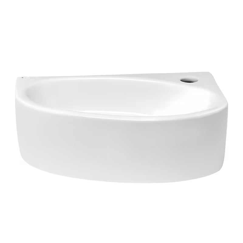 Bílé rohové pravé umývátko Glacera Bigio 42x29,5 cm bez přepadu s otvorem pro baterii vpravo.