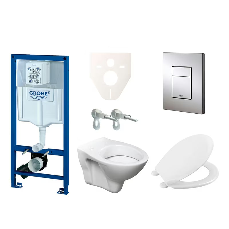 Závěsný WC set S-Line Pro s modulem Grohe Rapid SL, nádržkou, sedátkem a tlačítkem v chrom lesku.