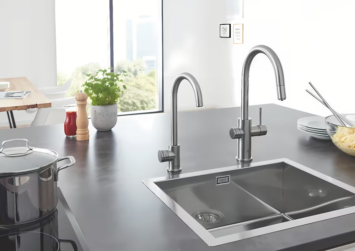 Grohe Blue Home dřezová baterie supersteel s filtrací a chladičem pro neperlivou i perlivou vodu
