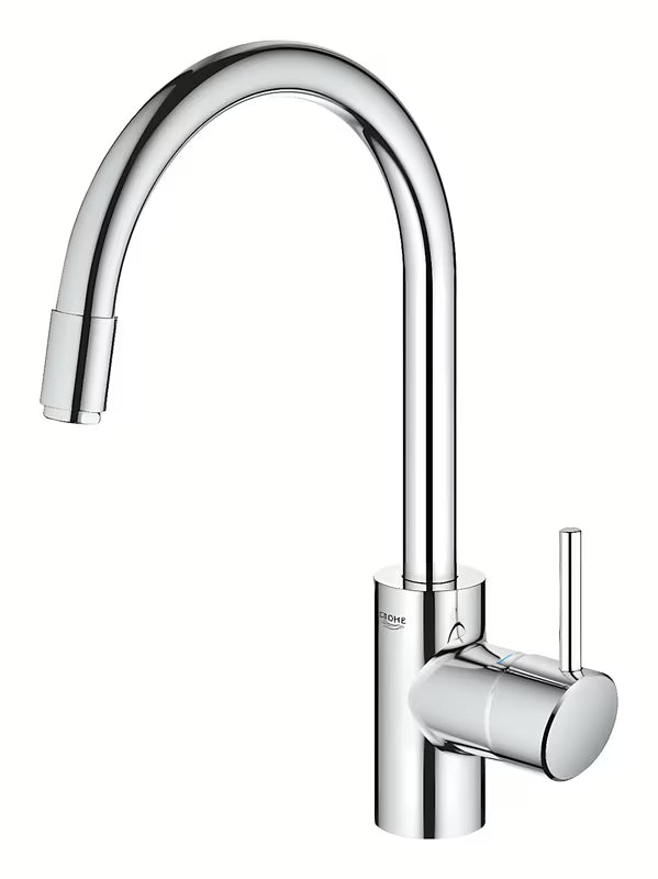 Chromová dřezová baterie Grohe Concetto New s vysokou otočnou výpustí a vytahovací sprškou.