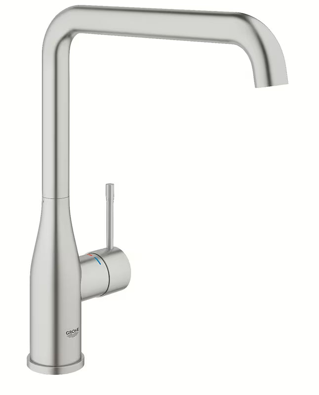 Dřezová kuchyňská baterie Grohe Essence New s vysokou otočnou výpustí v provedení supersteel.
