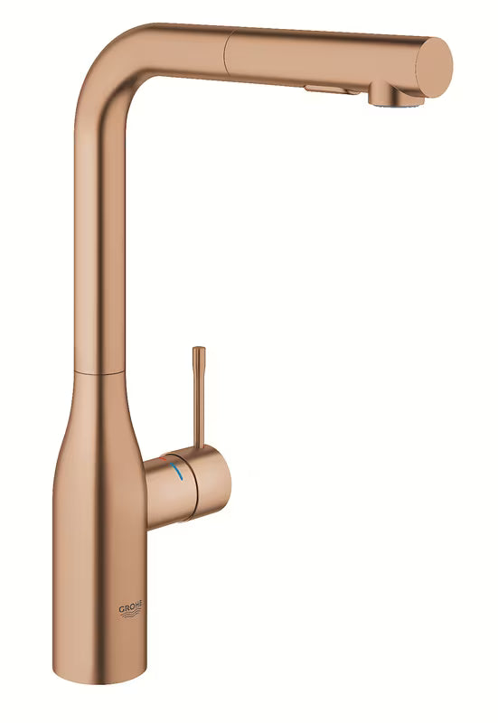 Dřezová baterie Grohe Essence New s vysokou otočnou výpustí a vytahovací sprškou v provedení brushed warm sunset.