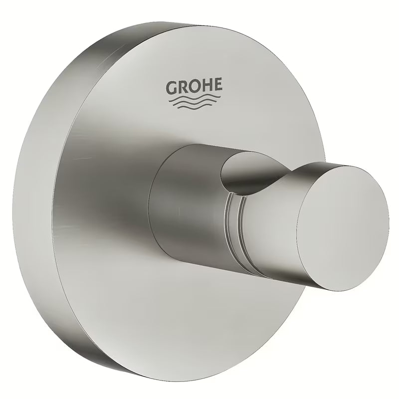 Háček na župan Grohe Essentials v provedení supersteel se skrytým upevněním na kruhové destičce.