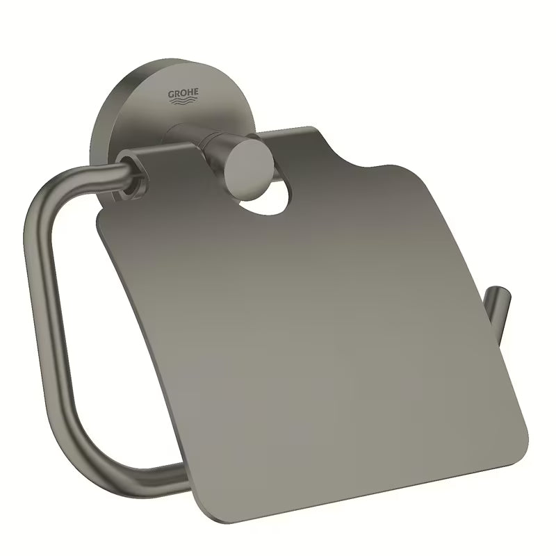 Držák toaletního papíru Grohe Essentials s krytem v provedení Brushed Hard Graphite se skrytým uchycením.