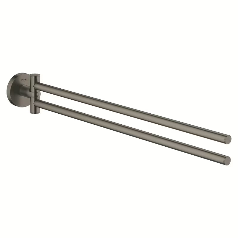 Otočný držák ručníků Grohe Essentials v provedení Brushed Hard Graphite se dvěma rameny a skrytým upevněním.