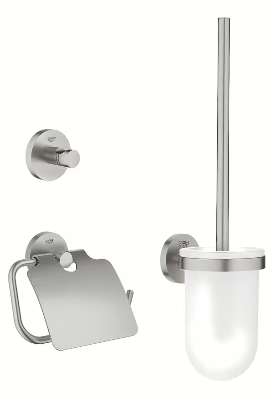 Sada koupelnových doplňků Grohe Essentials v provedení supersteel s háčkem, držákem papíru a WC kartáčem