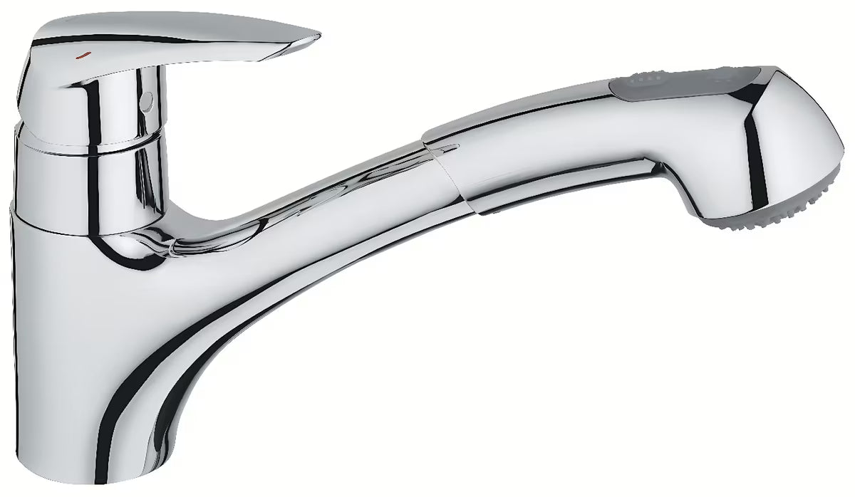 Chromová dřezová baterie Grohe Eurodisc s vytahovací sprškou a otočnou výpustí