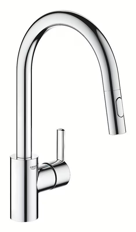 Chromo spalvos virtuvinis maišytuvas Grohe Feel su aukštu pasukamu snapu ir ištraukiama dušo galvute