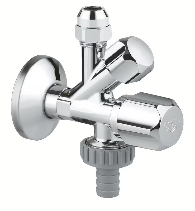 Rohový ventil Grohe pro nástěnnou instalaci se zpětnou klapkou a kovovou rozetou.