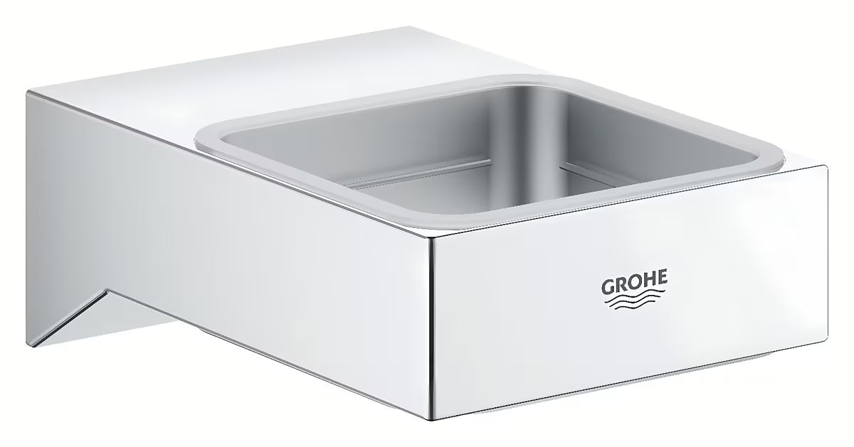 Chromový nástěnný držák mýdlenky Grohe Selection Cube bez skleničky se skrytým upevněním.