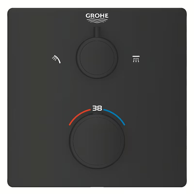 Matně černá podomítková termostatická sprchová baterie Grohe Grohtherm s hranatým ovládáním.