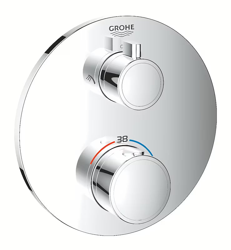 Podomítková termostatická sprchová baterie Grohe Grohtherm v chromovém provedení pro hlavovou i ruční sprchu.