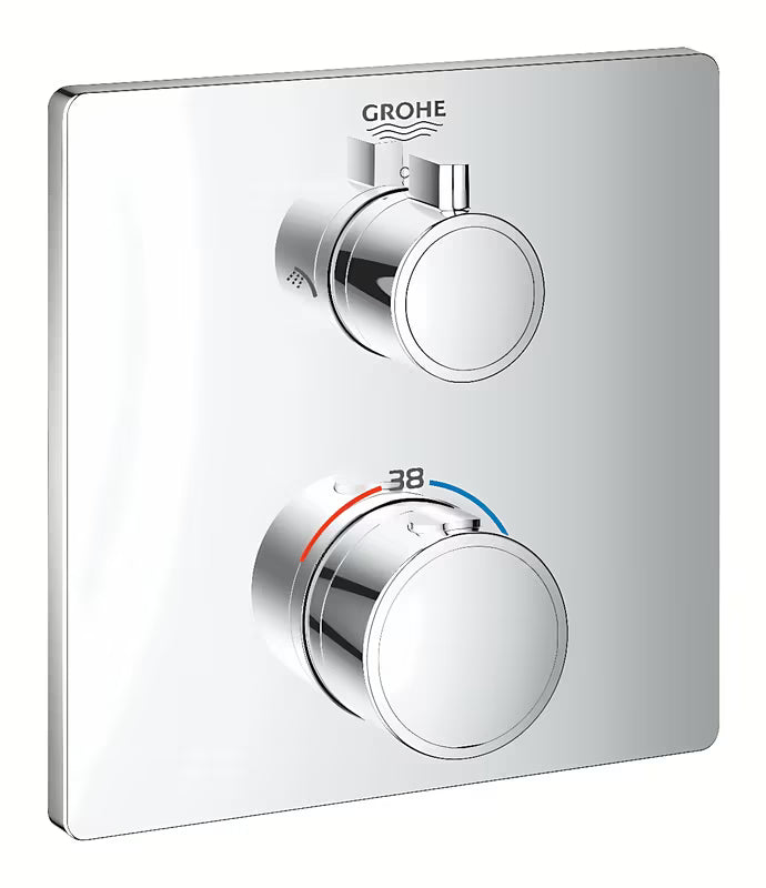Chromová podomítková termostatická sprchová baterie Grohe Grohtherm pro ovládání hlavové a ruční sprchy.