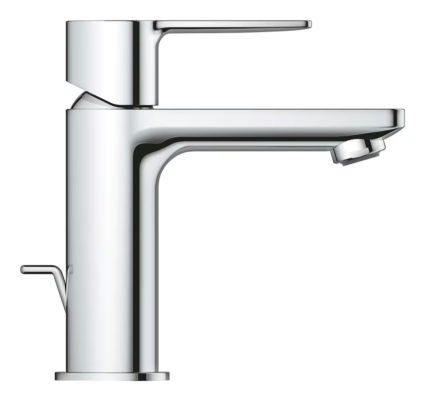 Chromová páková umyvadlová baterie Grohe Lineare s krátkou výpustí a odtokovou soupravou.