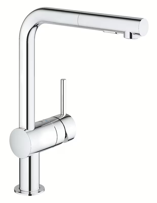 Chromová dřezová baterie Grohe Minta s vysokou L výpustí a vytahovací sprškou