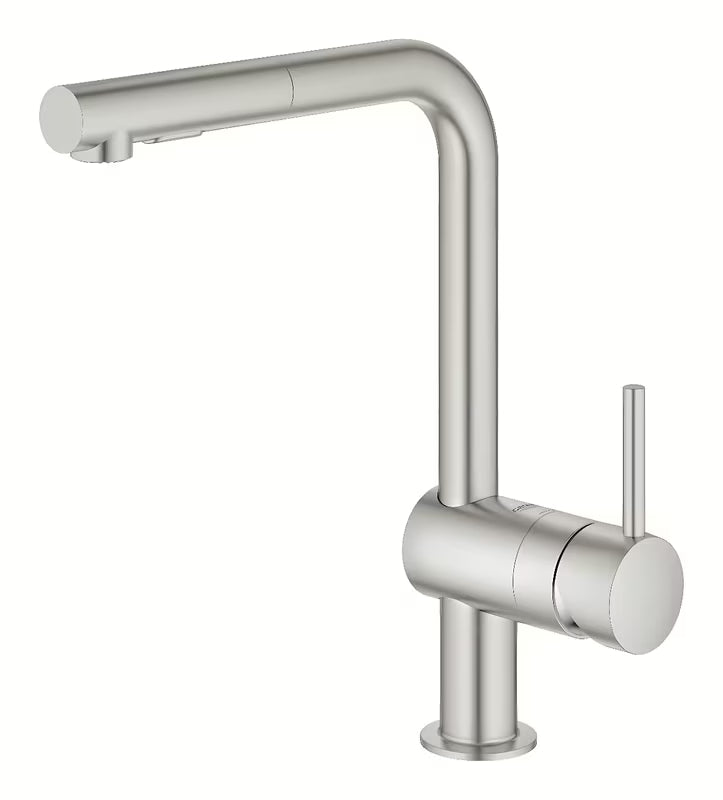 Armatura za Pomivalno Korito Grohe Minta z visokim L-izlivom in izvlečno prho v izvedbi supersteel.