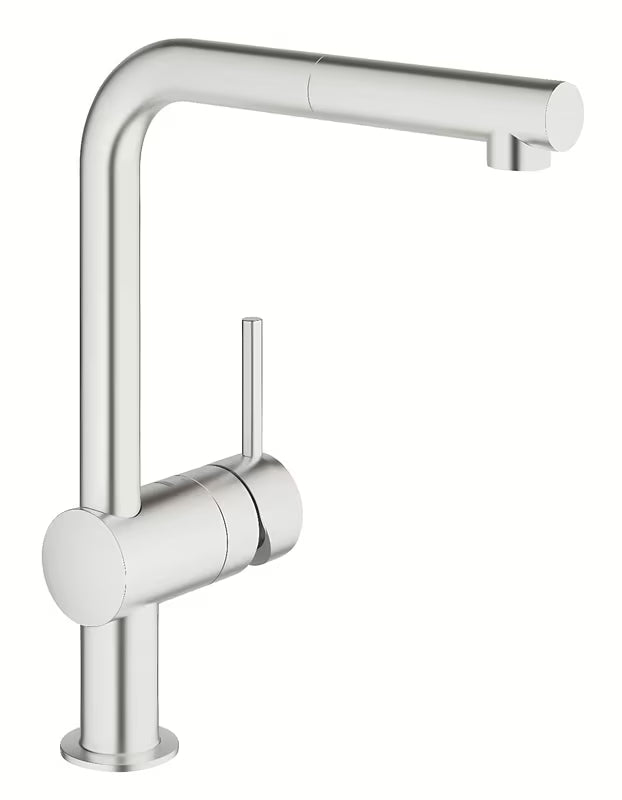 Dřezová baterie Grohe Minta v provedení supersteel s otočnou L výpustí a vytahovací sprškou.