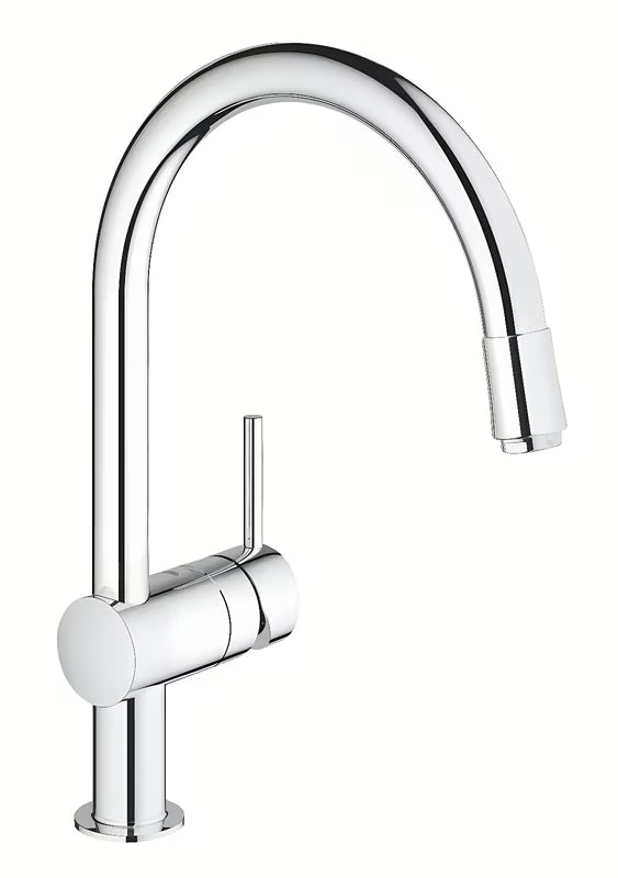 Chromová dřezová baterie Grohe Minta s vysokou C výpustí, otočením 360° a vytahovací sprškou