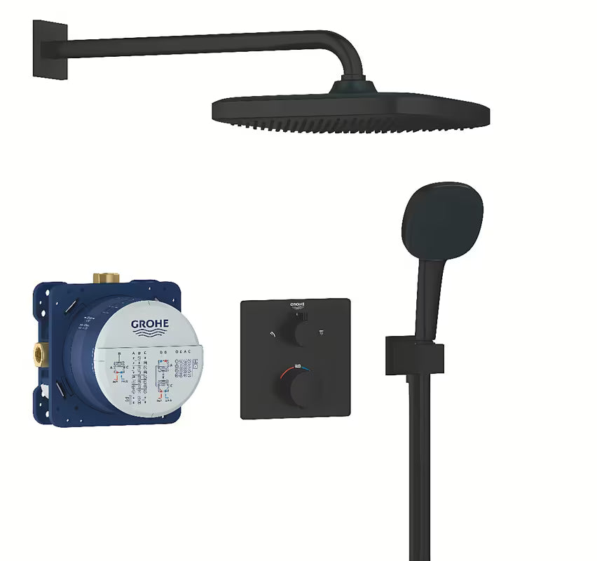 Podomítkový sprchový systém Grohe Precision Thermostat v matné černé s hlavovou a ruční sprchou