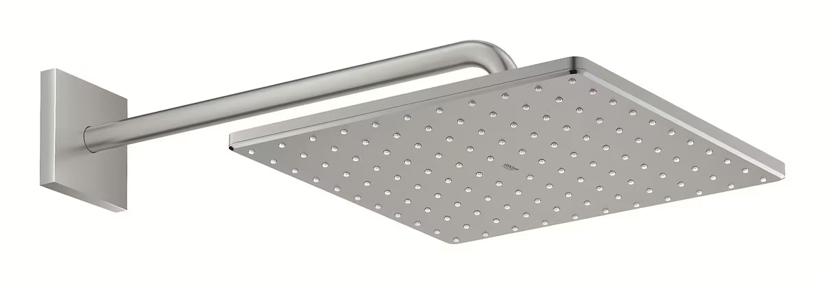 Hlavová sprcha Grohe Rainshower 310 Mono Cube s nástěnným sprchovým ramenem v provedení supersteel.