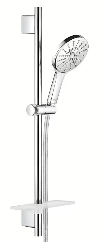 Chromový sprchový set Grohe Rainshower SmartActive s ruční sprchou, tyčí, hadicí Silverflex a poličkou EasyReach