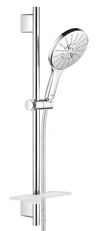 Chromový sprchový set Grohe Rainshower SmartActive s ruční sprchou, tyčí, hadicí Silverflex a poličkou EasyReach