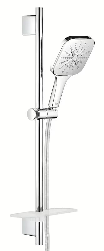 Chromový sprchový set Grohe Rainshower SmartActive Cube s ruční sprchou, tyčí, hadicí a poličkou