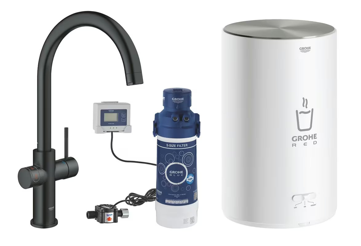 Grohe Red Duo dřezová baterie ve velvet black s dotykovým ovládáním vařící vody a vysokou C výpustí