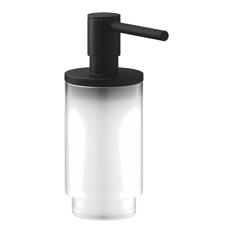 Dávkovač mýdla Grohe Selection v barvě phantom black z kombinace skla a kovu.