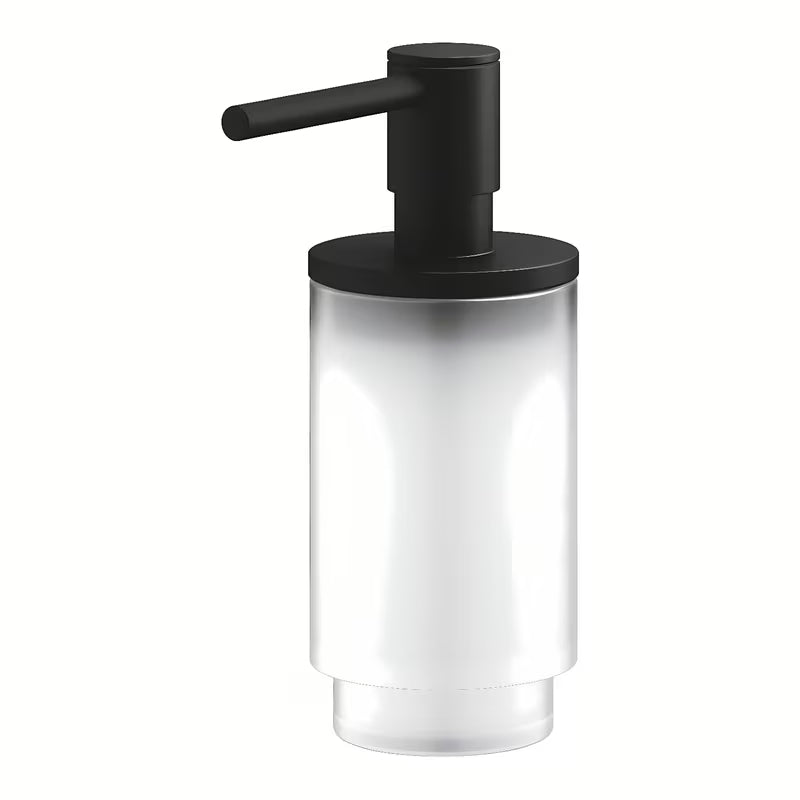 Dávkovač mýdla Grohe Selection v barvě phantom black z kombinace skla a kovu.