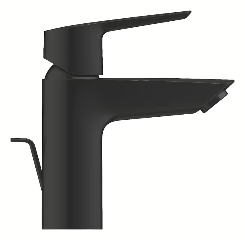 Matinės juodos spalvos svirtinis praustuvo maišytuvas Grohe Start su pastatomu montavimu ir dugno vožtuvu.