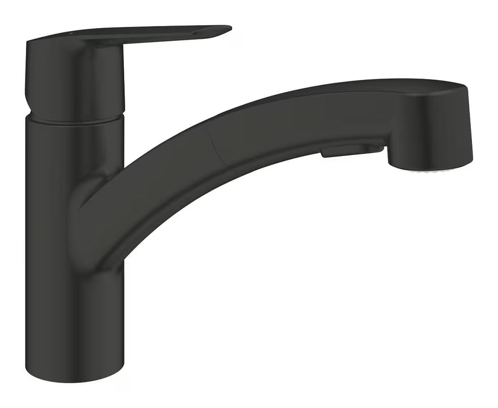Matně černá dřezová baterie Grohe Start s vytahovací sprškou a otočným výtokem