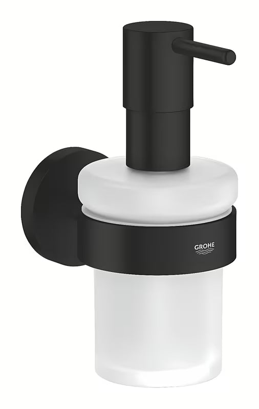 Matně černý dávkovač mýdla Grohe Start se skrytým upevněním na stěnu.