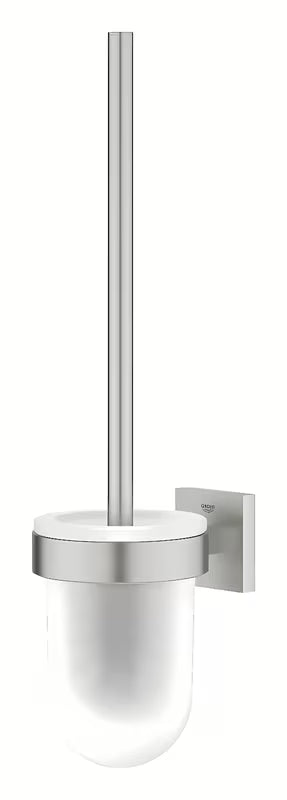 Nástěnná WC štětka Grohe Start Cube Accessories v provedení supersteel se skleněnou nádobou a skrytým upevněním.
