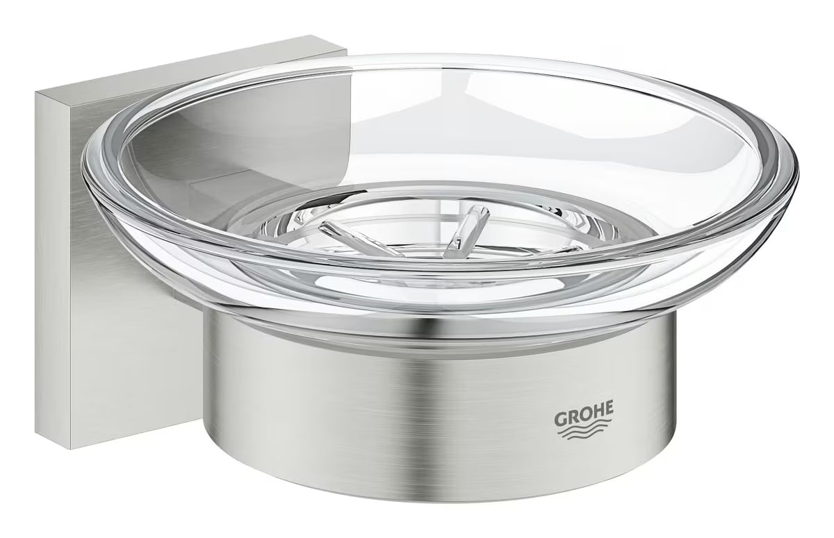 Mýdlenka Grohe Start Cube Accessories v provedení supersteel se skleněnou miskou a skrytým upevněním.